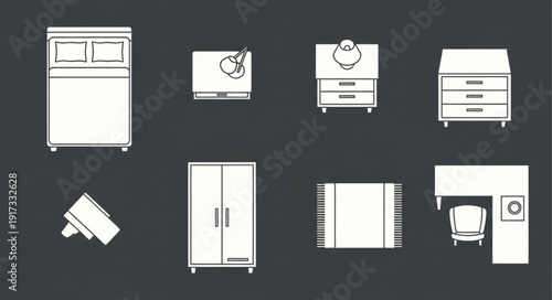 Top view of bedroom furniture and objects illustration.