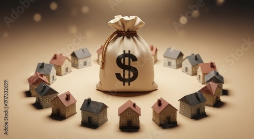 Wallpaper Mural A bag of money with dollar sign surrounded by a circle of toy houses, representing real estate investment Torontodigital.ca