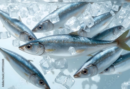 Freshly caught silver fish on a bed of ice for preservation. sardinen