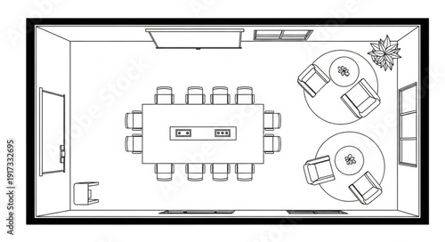 Top view floor plan of a modern dining room with furniture.