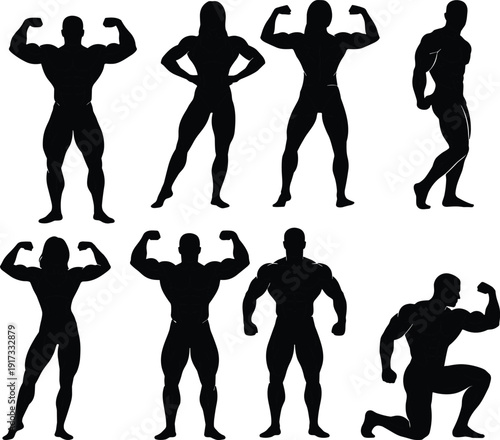 Bodybuilder silhouette collection, muscular men and women flexing poses set, black vector fitness models isolated on white background