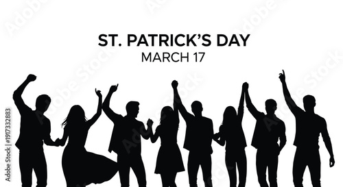 Celebration of st patrick's day on march seventeenth featuring silhouettes of happy people dancing and raising their arms in excitement for the irish holiday