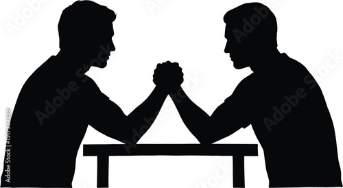 Arm wrestling competition silhouette, two men strength contest at table, isolated black vector rivalry challenge on white background