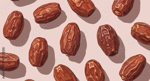 Seamless pattern with dried dates on pink background sweet healthy fruit