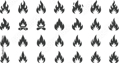 Fire flame silhouettes collection isolated on white background, burning campfire and blaze icons vector illustration set