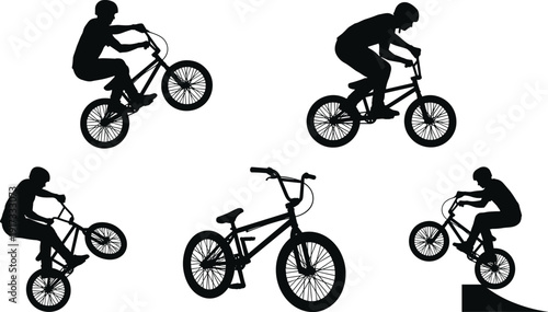 BMX rider silhouette set performing tricks, freestyle bicycle stunt action collection, black vector isolated on white background