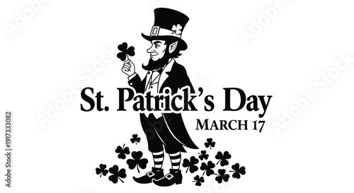 Classic black and white graphic design featuring a smiling leprechaun holding a shamrock next to the words st patrick's day march 17 for festive celebrations and holiday apparel printing needs