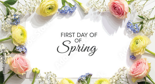 Beautiful arrangement of fresh pink roses yellow ranunculus and small blue forget me not flowers framing white space for first day of spring text greeting card design