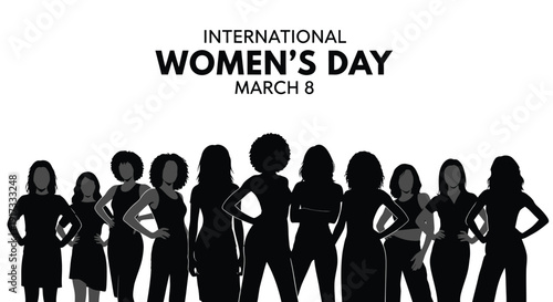 Powerful black and white silhouette illustration celebrating international women's day on march eighth representing unity strength and female diversity in a bold graphic design