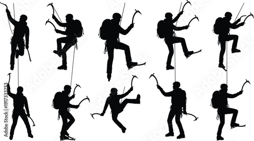 Ice climber silhouettes collection with rope and ice axes isolated on white background extreme winter sport vector set