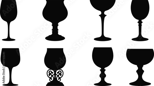 Set of wine glass and cocktail glass silhouettes, black drinkware collection including goblet and champagne coupe shapes, bar and restaurant design isolated on white background.