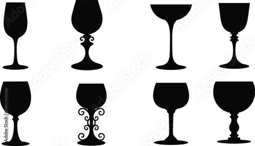 Set of wine and cocktail glass silhouettes, black stemware collection with goblet, champagne coupe and drinking glasses for bar, restaurant design isolated on white background.