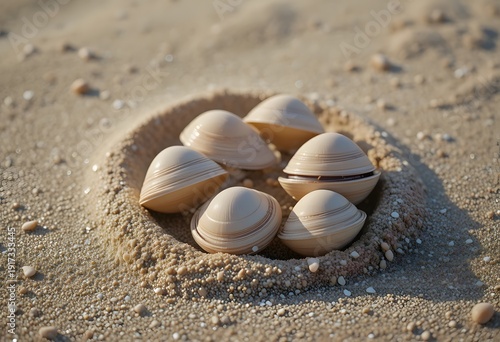 A small collection of seashells nestled in the sandy beach. soft shell clams