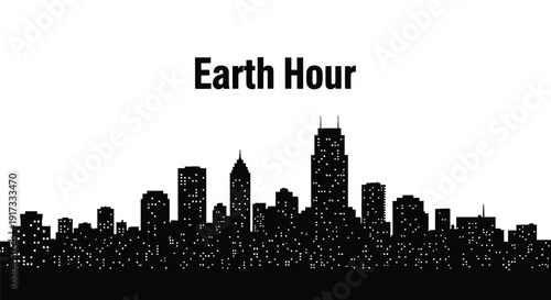 Earth Hour awareness graphic featuring a black and white silhouette of a major city skyline demonstrating reduced or turned off lights for environmental action and conservation.