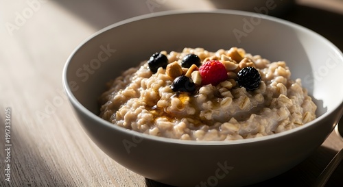 Bowl of hearty oatmeal topped with dried fruits and nuts for a nutritious breakfast. steel cut oatmeal