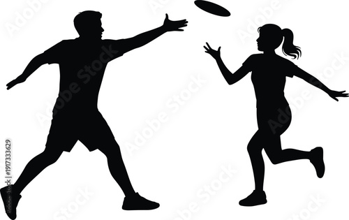 Silhouette of man and woman playing frisbee, athletes throwing flying disc in outdoor sport activity, teamwork and fitness concept isolated on white background.