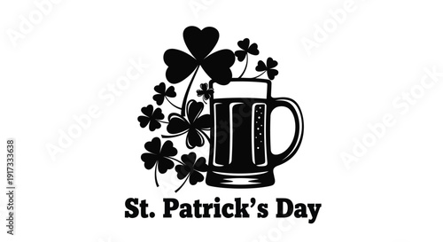 Black silhouette graphic of a foaming beer stein surrounded by decorative shamrocks to celebrate the beloved Irish holiday known as Saint Patrick's Day.