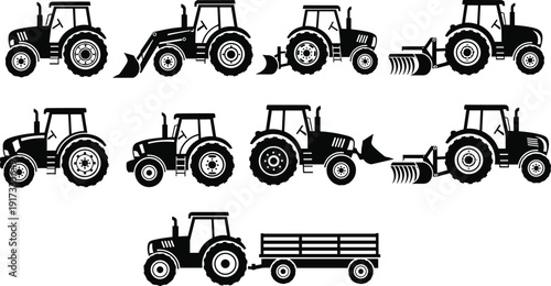 Black tractor silhouettes set with plow, loader and trailer isolated on white background agricultural vector illustration collection