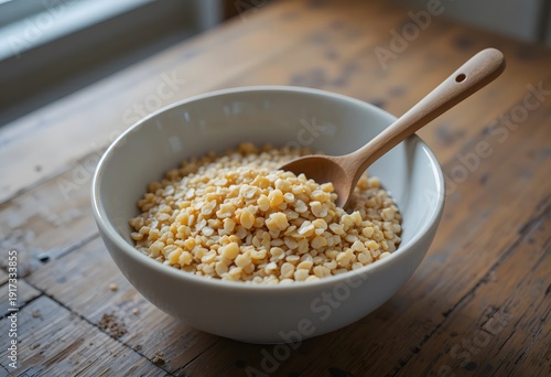 Bowl of cooked oatmeal with a wooden spoon resting on a rustic wooden surface. steel cut oatmeal