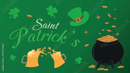 St. Patrick's Day design, green background with a green hat, beer mugs, pot of shining gold coins, and lots of shamrocks.