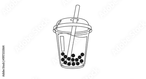 Black and White Outline of Bubble Tea with Tapioca Pearls and Straw