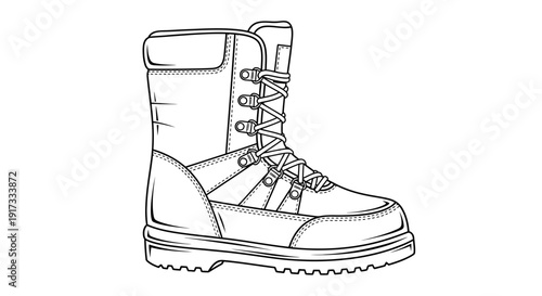 Black and White Line Drawing of a Rugged Hiking Boot with Laces