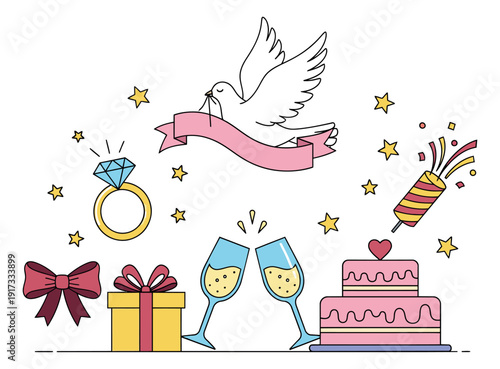 Hand drawn line art celebration icons set featuring a diamond ring, dove, wedding cake, gift, and champagne glasses for romantic events and special occasions