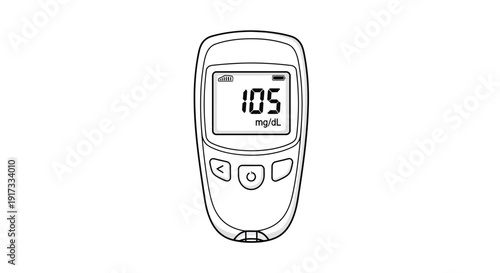 Blood glucose meter showing 105 mg/dL, diabetes monitoring device, medical equipment
