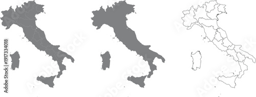 Italy Map Silhouette with Administrative Regions, Outline and Geographic Shape Vector Set