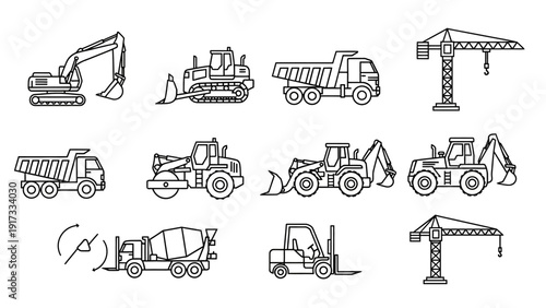 Construction Equipment Icons Set Line Drawings.