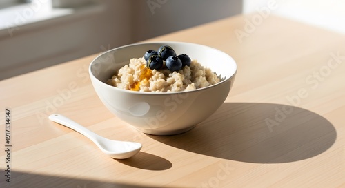 A simple bowl of oatmeal topped with fresh berries and a wooden spoon. steel cut oatmeal