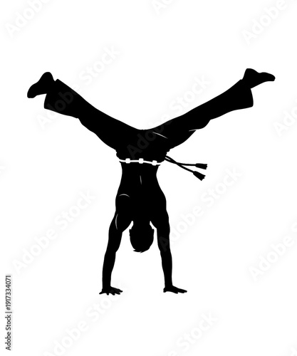 Silhouette Handstand Yoga Pose Black and White Minimalist Fitness Training Silhouette