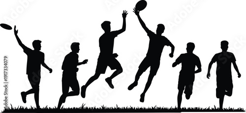 Silhouette of men playing ultimate frisbee outdoors, athletes running and jumping to catch flying disc, team sport action scene isolated on white background.