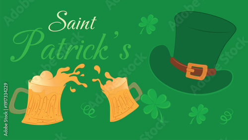 Horizontal vector design for St. Patrick's Day. Green hat, beer mugs, and shamrocks.