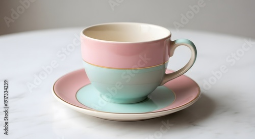 Elegant two-toned cup and saucer set on a simple table surface. taza vintage