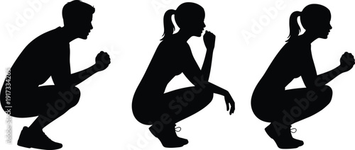 Silhouette of people squatting exercise, man and woman doing fitness workout pose, strength training and healthy lifestyle concept isolated on white background.