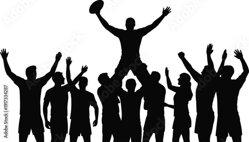 Silhouette of rugby team celebrating victory with trophy, group of players cheering and raising hands, sports championship celebration isolated on white background.