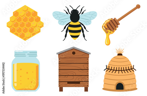 Flat cartoon beekeeping set featuring a bee, honeycomb, honey dipper, honey jar, and beehives for honey production and beekeeping