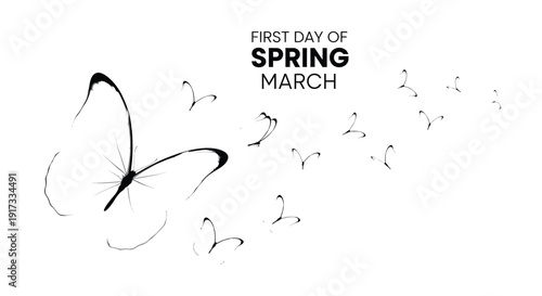Delicate white butterflies flutter gracefully across a clean minimalist background celebrating the arrival of the first day of spring in March