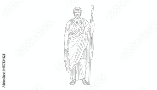 Ancient Greek Man Statue with Toga and Staff, Line Art