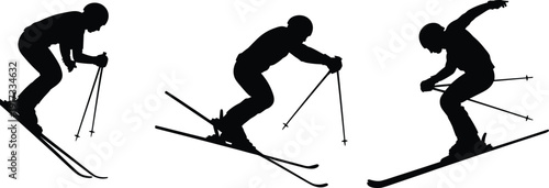 Silhouette of skiers in action poses, winter sport athletes skiing downhill with poles, snow adventure and alpine skiing concept isolated on white background.