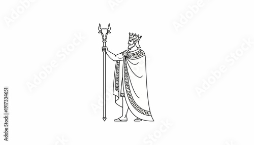 Ancient King with Scepter and Crown, Line Art Illustration