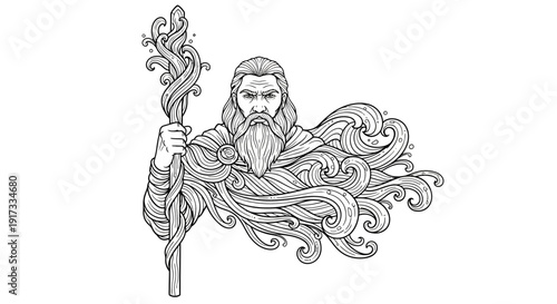 Ancient Sea God Neptune or Poseidon with flowing beard and staff, mythological illustration