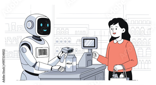 An AI robot serves as a cashier to a customer in a store with a futuristic background.