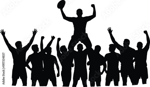 Silhouette of winning sports team celebrating victory, athletes cheering with raised hands while champion holds ball above crowd, championship success isolated on white background.