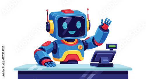A blue robot cashier wearing headphones waves with one hand while standing behind a counter with a cash register on a clean white background.