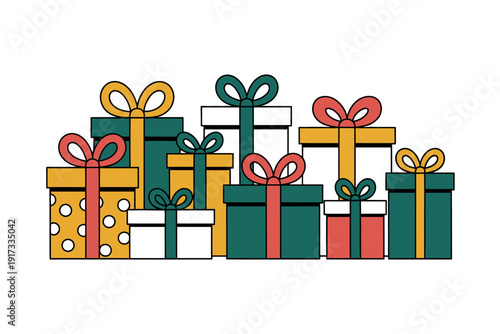 A colorful illustration of wrapped gifts with ribbons and bows in various patterns and colors.
