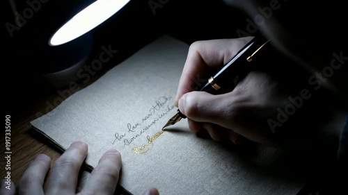 Hands Writing on Paper Document with Fountain Pen in Dark Office Setting with Dramatic Lighting