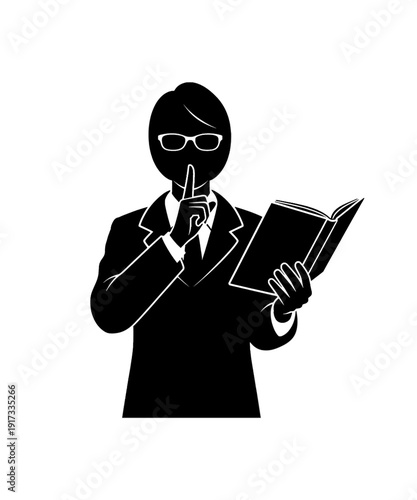 Professional man in suit silently reading book with finger to lips pose