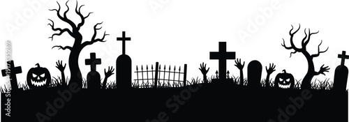 Spooky Halloween cemetery silhouette with graves, pumpkins, dead trees and zombie hands